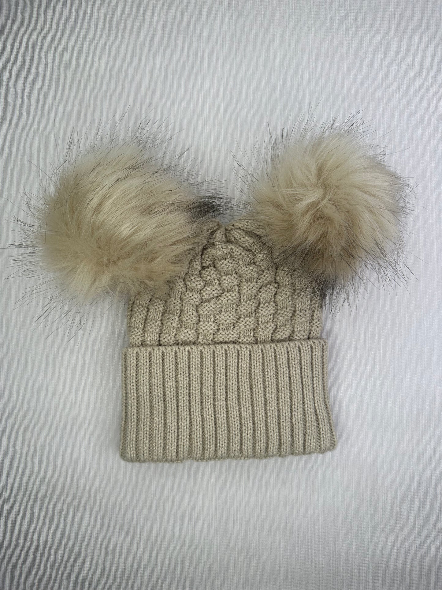 Biscuit Knitted Hat with Pom Poms